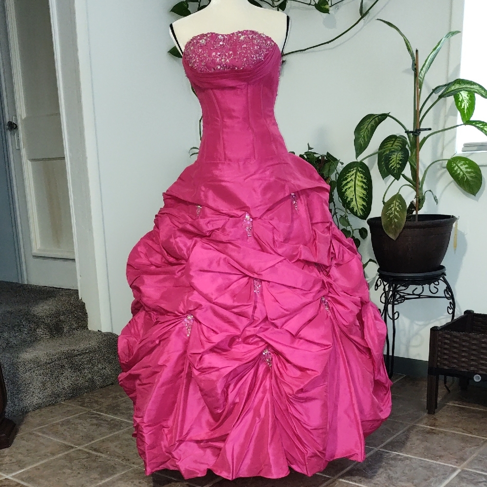 Mori Lee Vibrant Pink Satin Dress
